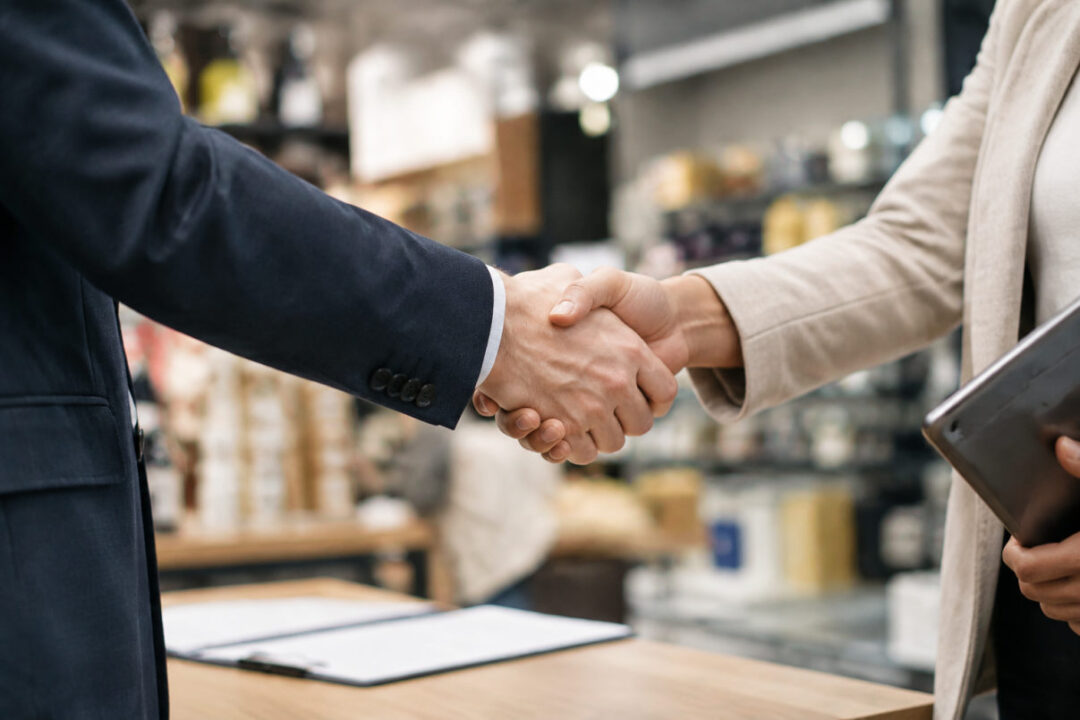 Fornitore e responsabile di negozio si stringono la mano per una partnership B2B retail